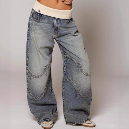 Washed Blue Vintage Denim Jeans for Women | Loose Fit Straight Leg
