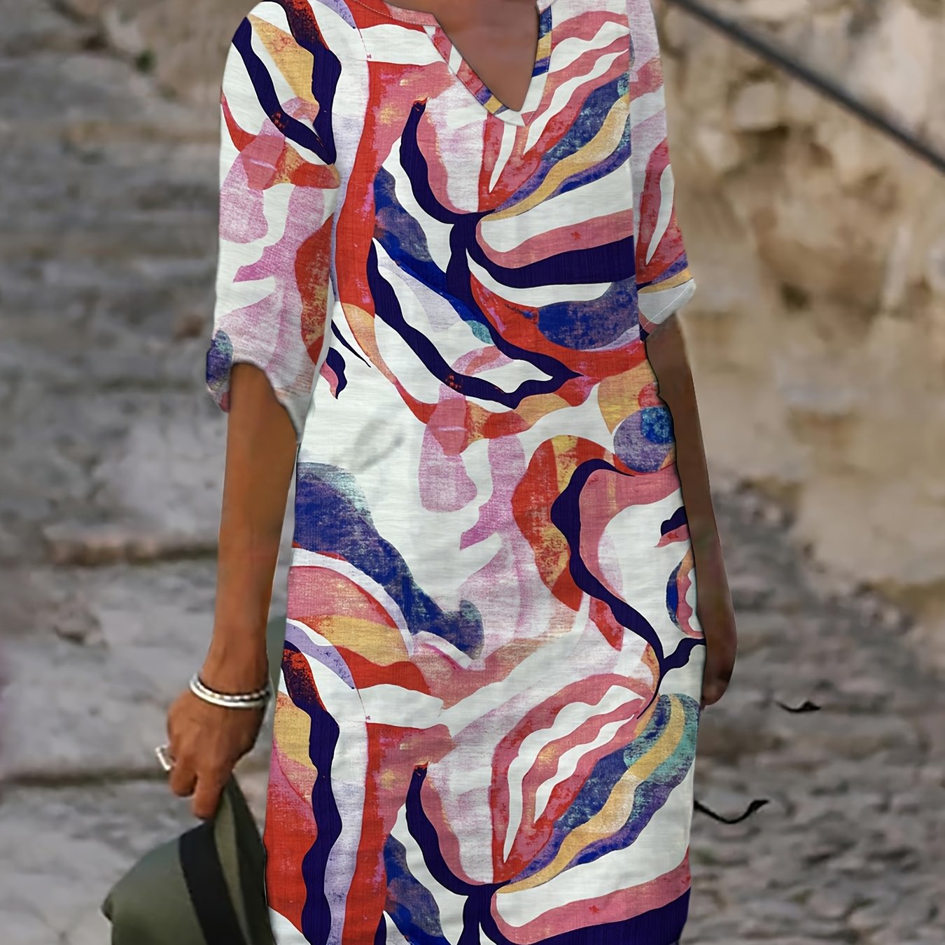 Women's Spring/Autumn Casual Straight-Leg V-Neck Printed Dress