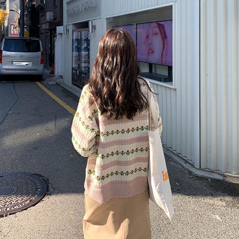 Striped Blossom Textured Button Front Cardigan – view 2