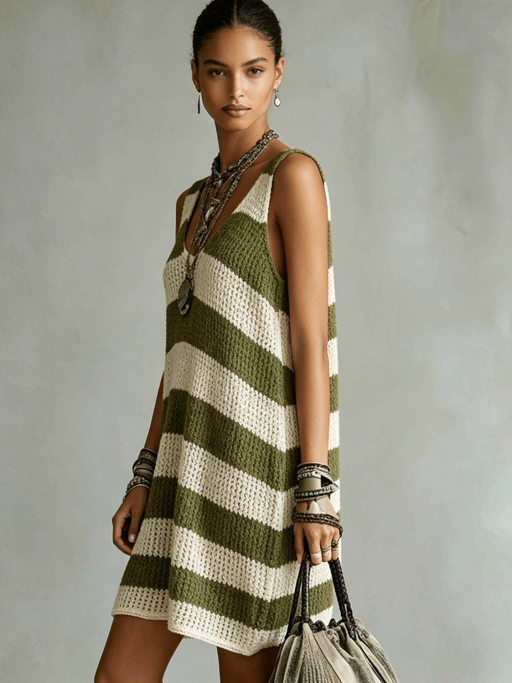 Striped V Neck Knit Casual Mini Dress for Vacation