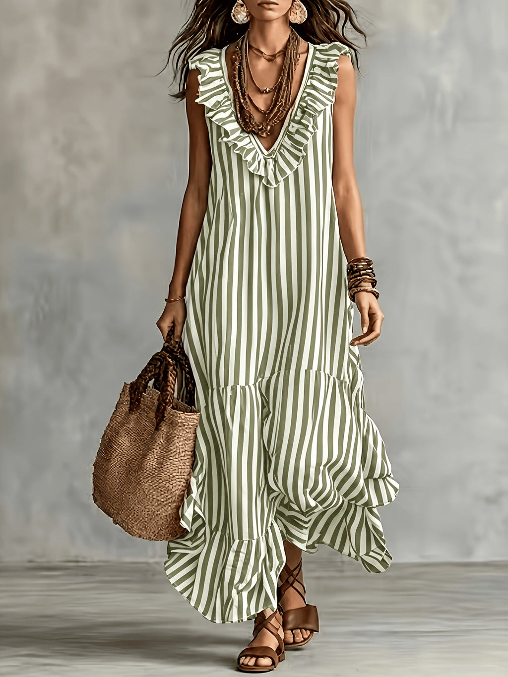 Striped Ruffled V Neck Boho Maxi Dress for Vacation