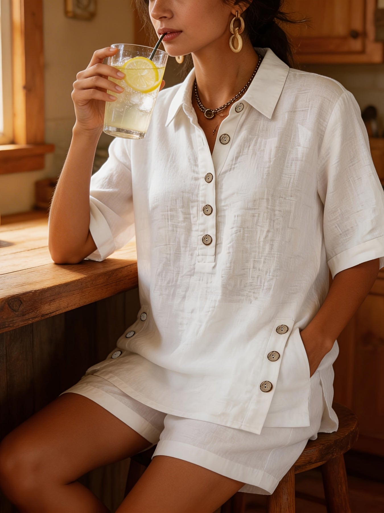 Linen Button Detail Collared Top and Short Set