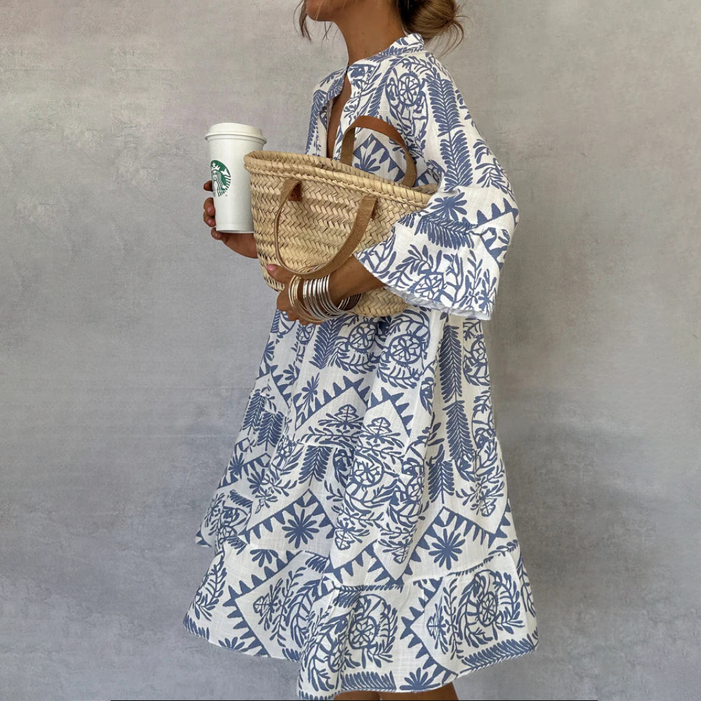 Geometric Floral Print Lantern Sleeve Tiered Smock Mini Dress