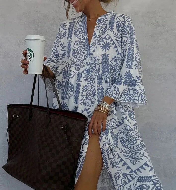 Geometric Floral Print Lantern Sleeve Tiered Smock Mini Dress