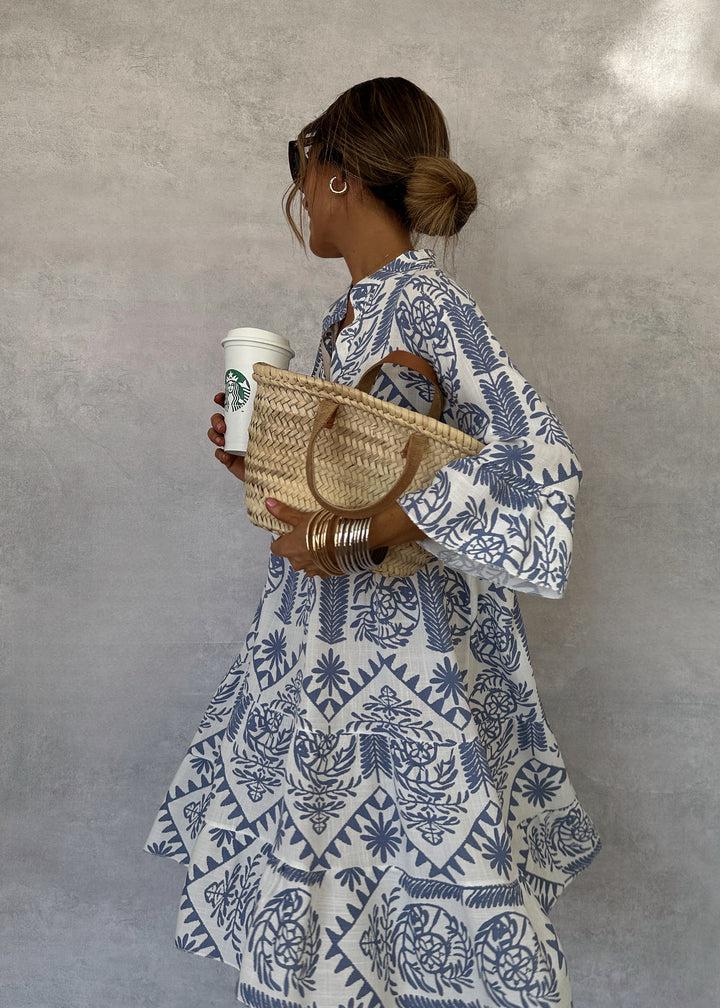 Geometric Floral Print Lantern Sleeve Tiered Smock Mini Dress