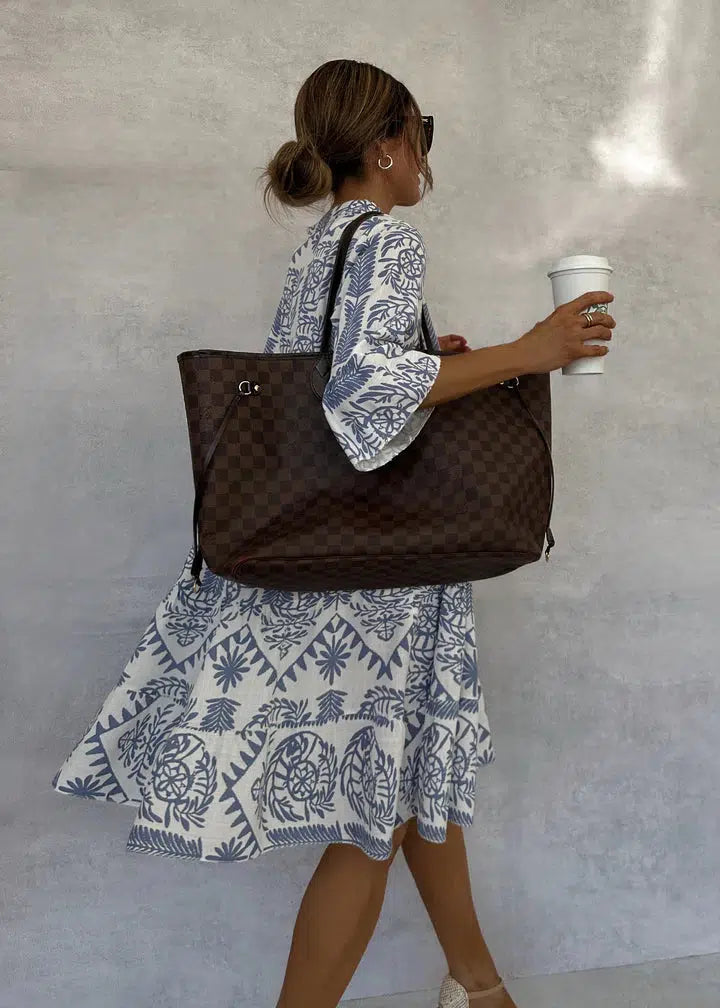 Geometric Floral Print Lantern Sleeve Tiered Smock Mini Dress