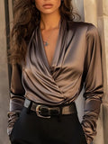 Satin Draped Wrap V Neck Long Sleeve Dressy Blouse