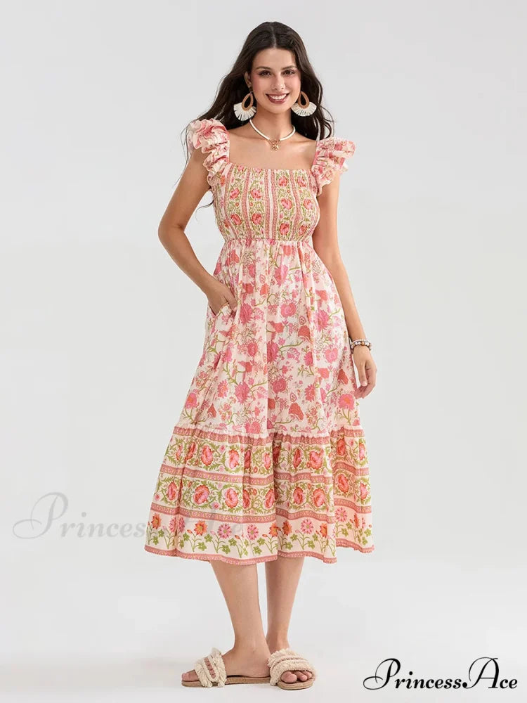 Daisy Speck Print Shirred Square Neck Frilled Flowing Seaside Daisy Dress