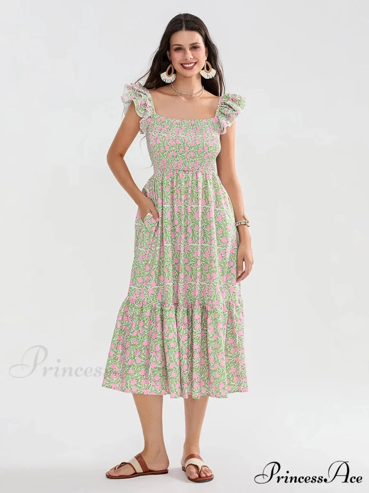 Daisy Speck Print Shirred Square Neck Frilled Flowing Seaside Daisy Dress