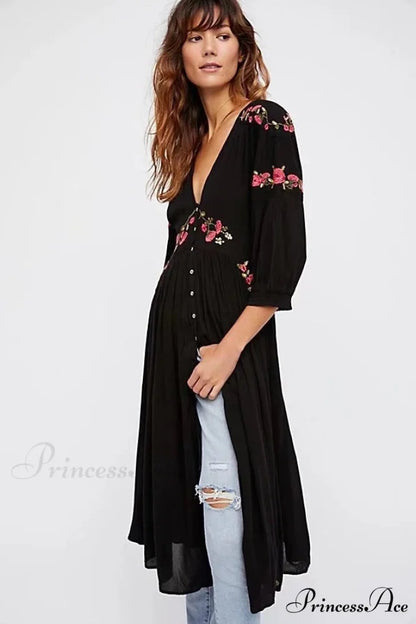Dark Bohemian Extended Dress Flower Stitching V-neck Free-spirited Dress