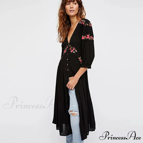 Dark Bohemian Extended Dress Flower Stitching V-neck Free-spirited Dress