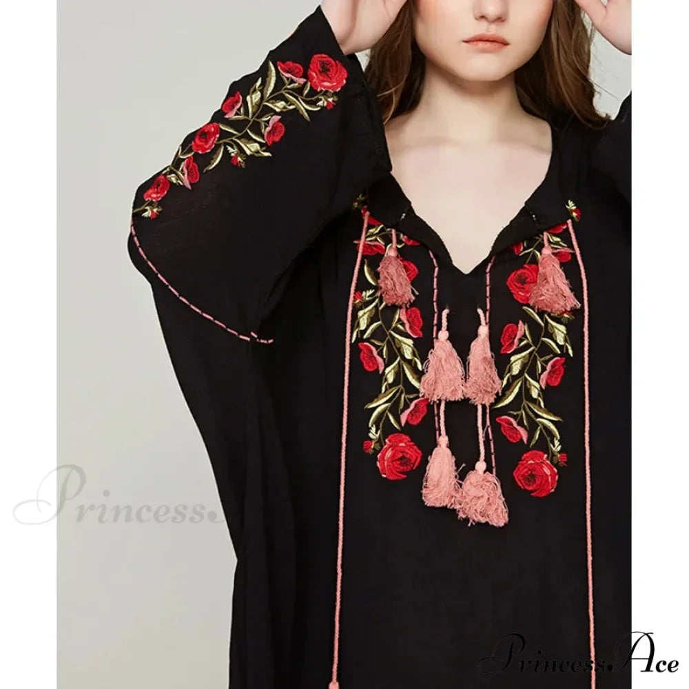 Dark Cotton Rayon Floral Stitching Seaside Dress