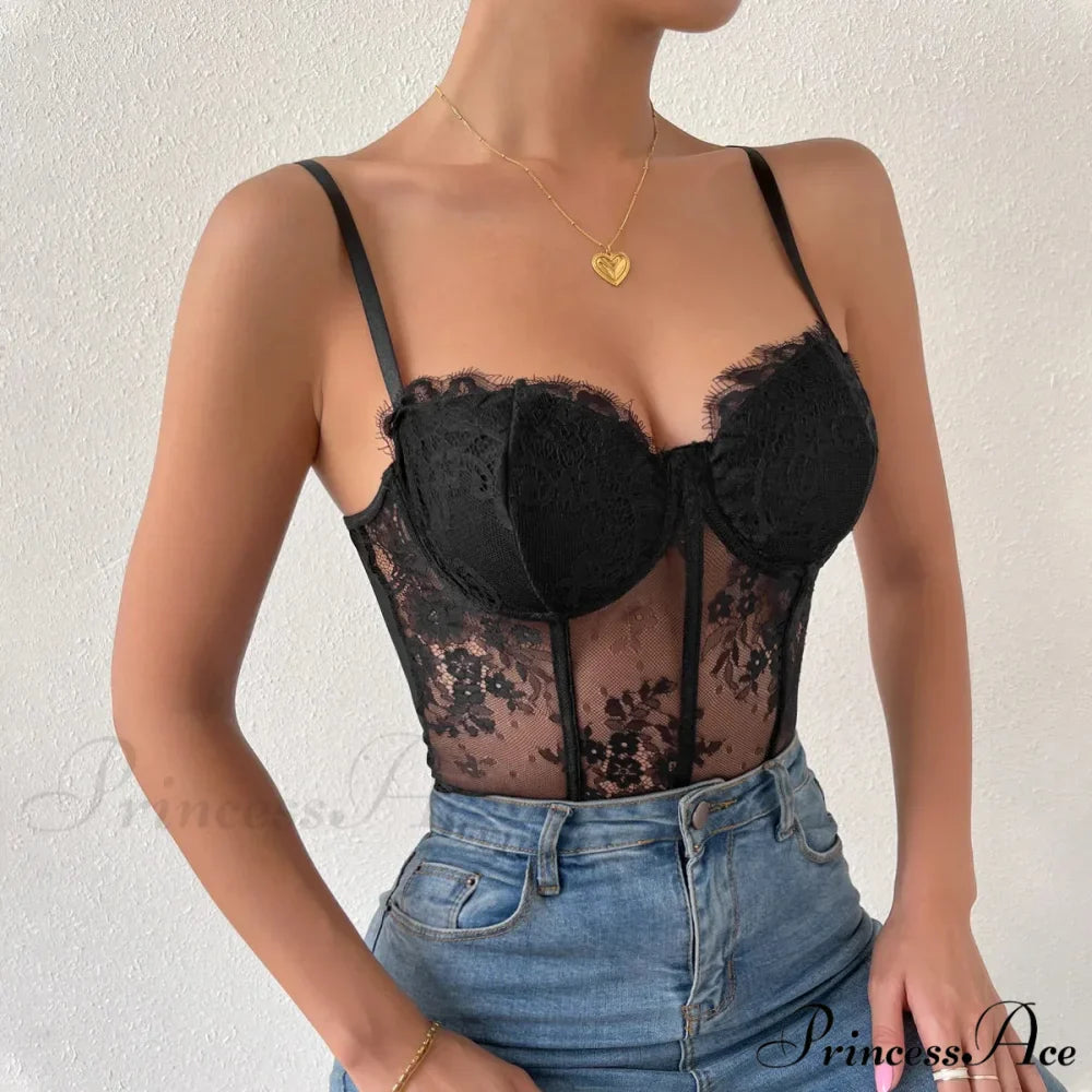 Dark Lace Eyelash Transparent Fishbone Bustier