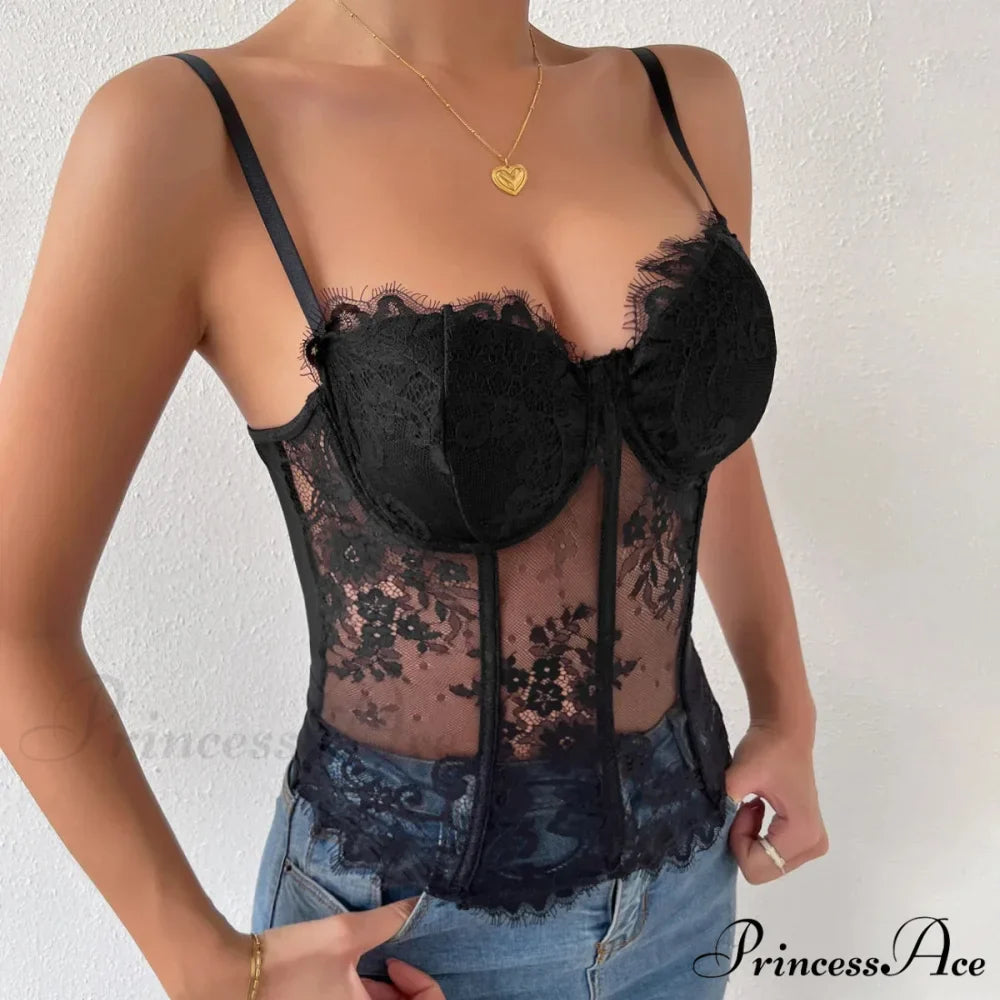 Dark Lace Eyelash Transparent Fishbone Bustier