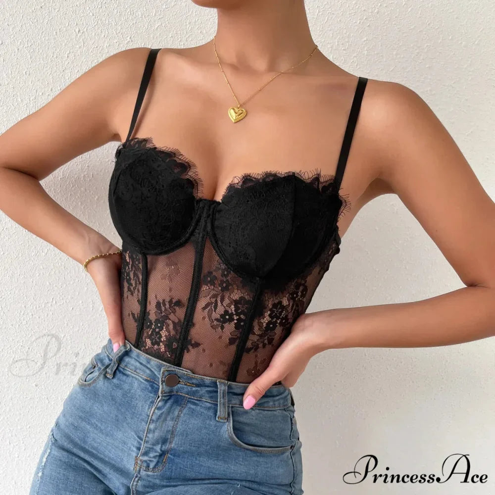 Dark Lace Eyelash Transparent Fishbone Bustier
