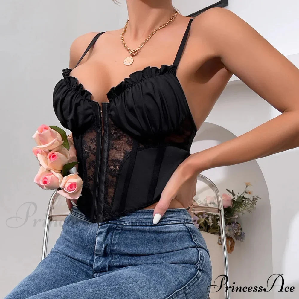 Dark Lace Folded Transparent Fishbone Spaghetti Top