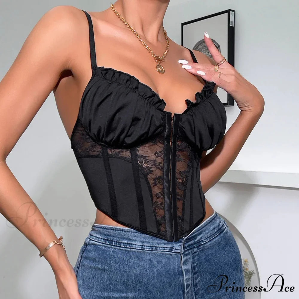Dark Lace Folded Transparent Fishbone Spaghetti Top