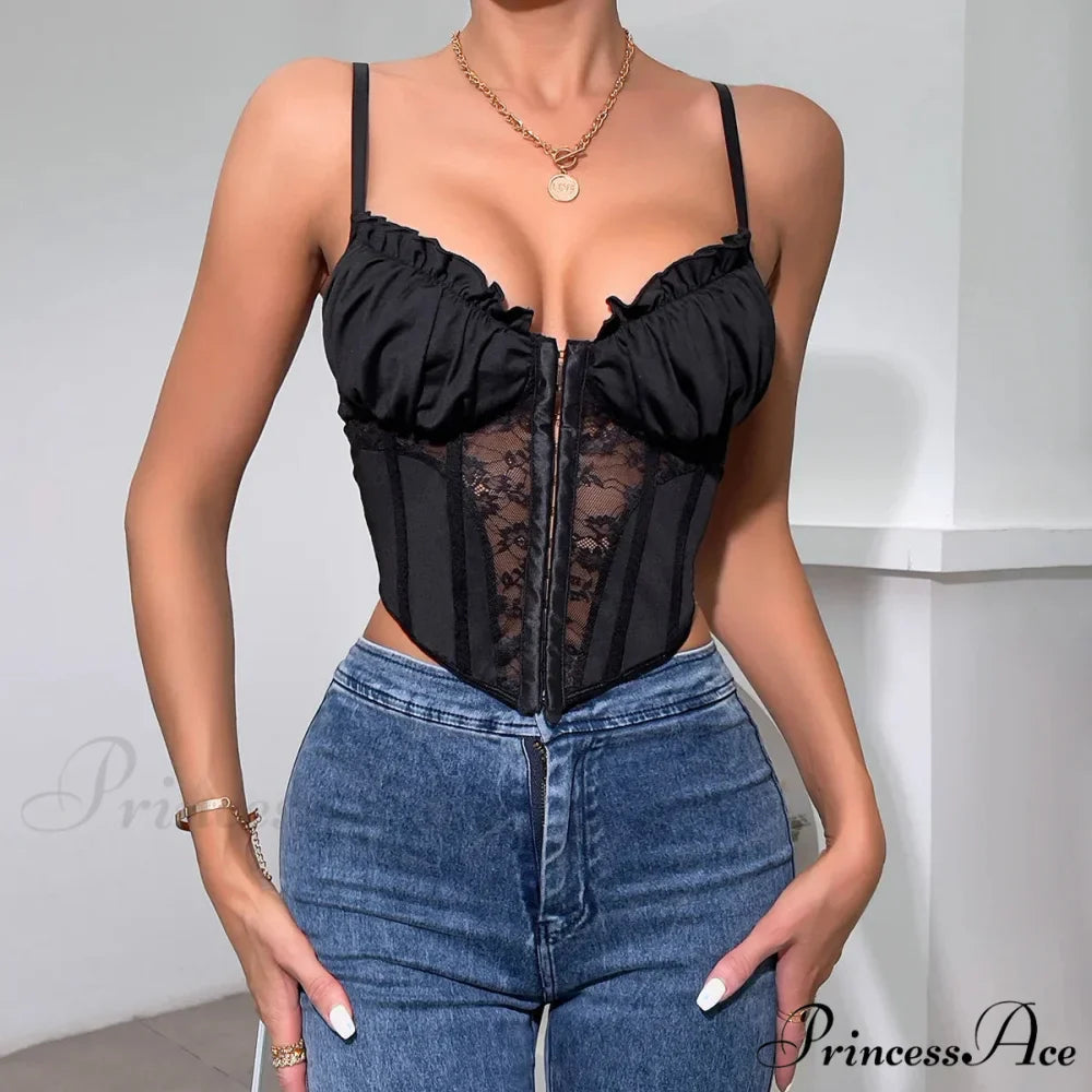 Dark Lace Folded Transparent Fishbone Spaghetti Top