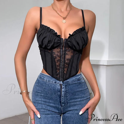 Dark Lace Folded Transparent Fishbone Spaghetti Top