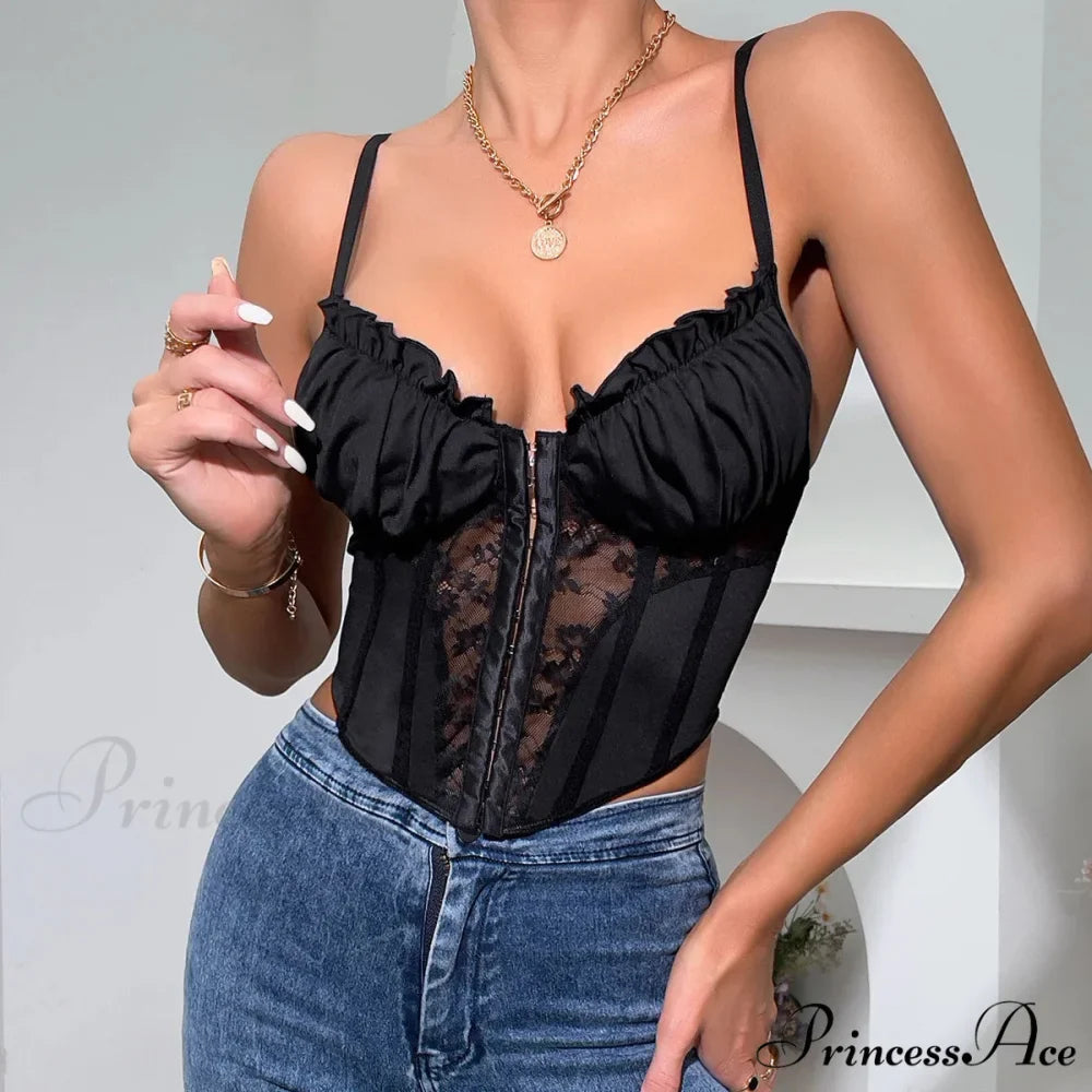 Dark Lace Folded Transparent Fishbone Spaghetti Top