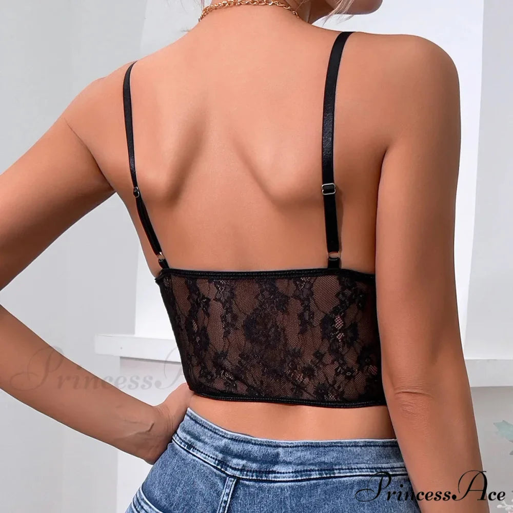 Dark Lace Folded Transparent Fishbone Spaghetti Top