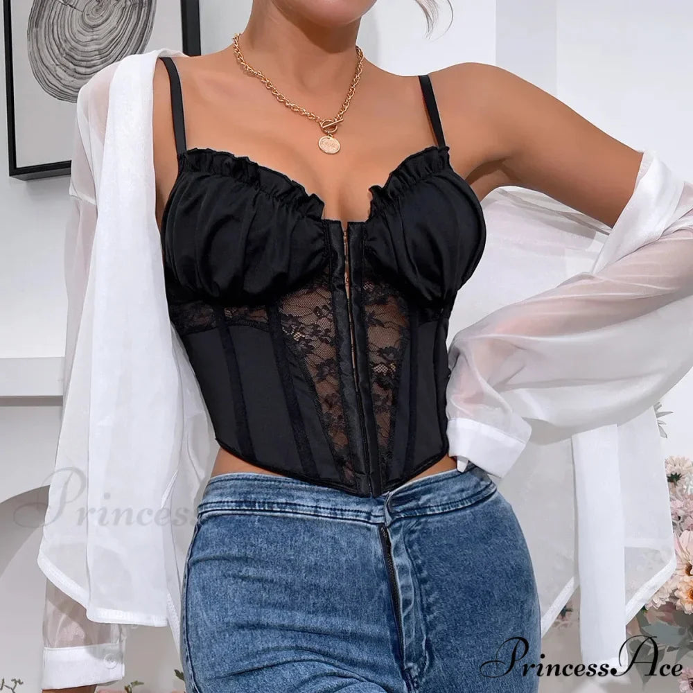 Dark Lace Folded Transparent Fishbone Spaghetti Top