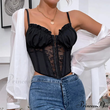 Dark Lace Folded Transparent Fishbone Spaghetti Top