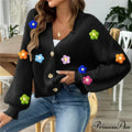 Dark Lantern Sleeve Blossom Button-Up Knitted Cardigan