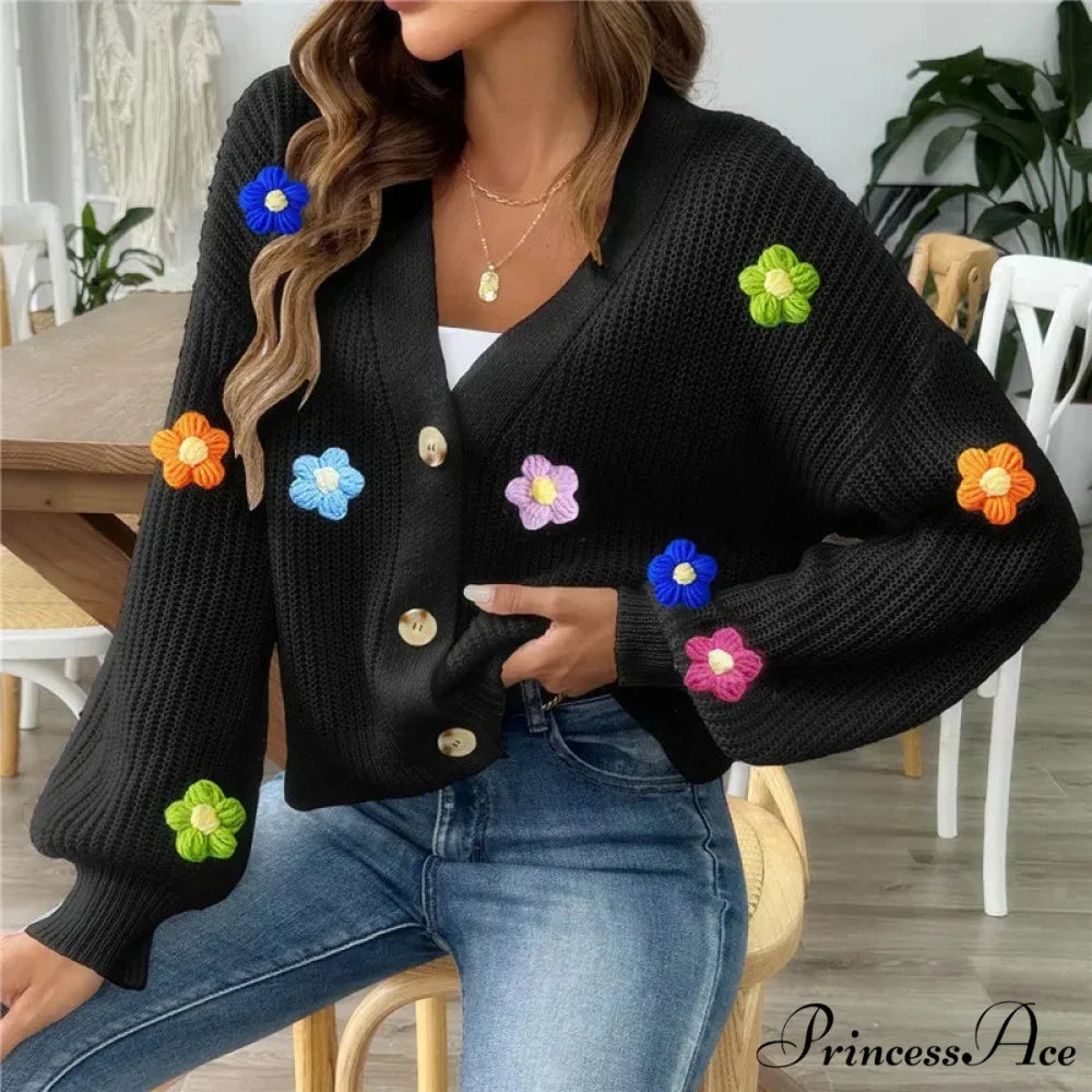 Dark Lantern Sleeve Blossom Button-Up Knitted Cardigan