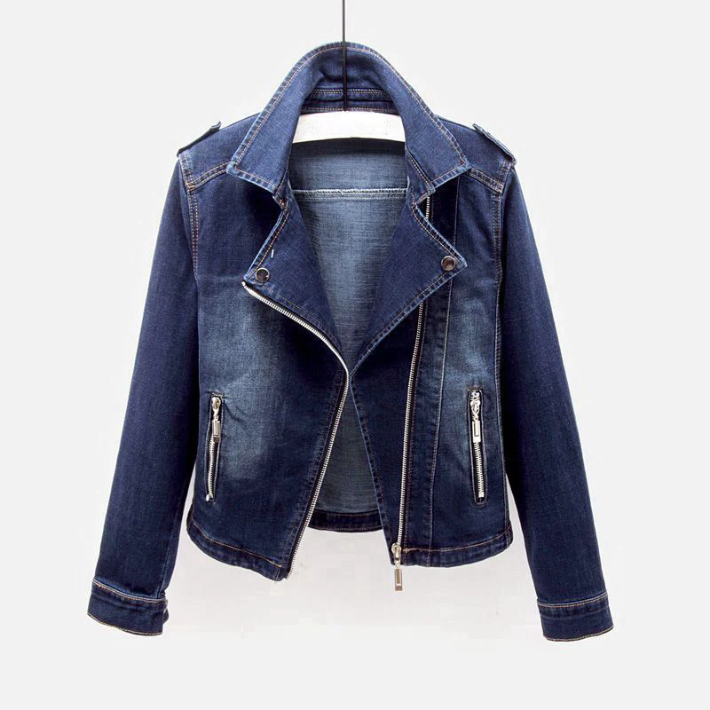 Fitted Zip-Front Denim Moto Jacket for Casual Style