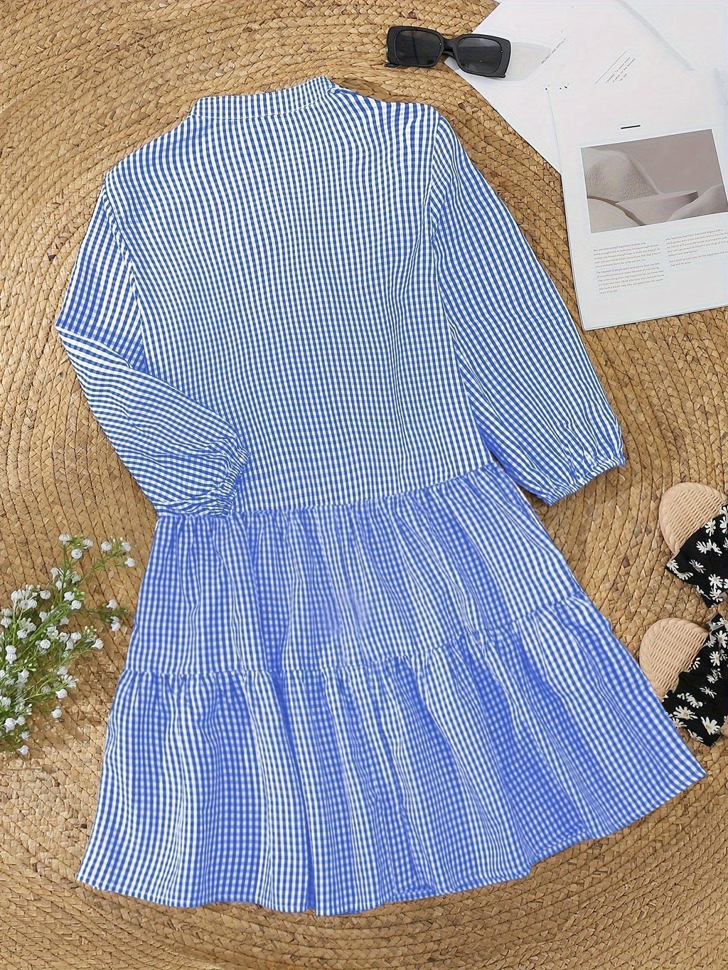 Gingham Check Button Front Tiered Ruffle Hem Mini Dress