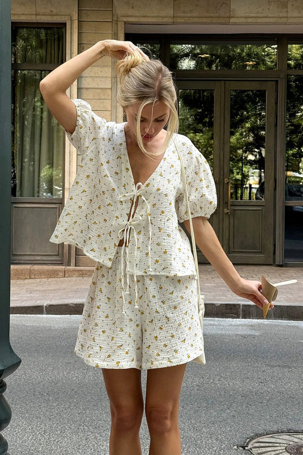 Cotton Print Short Sleeve Skirt Set