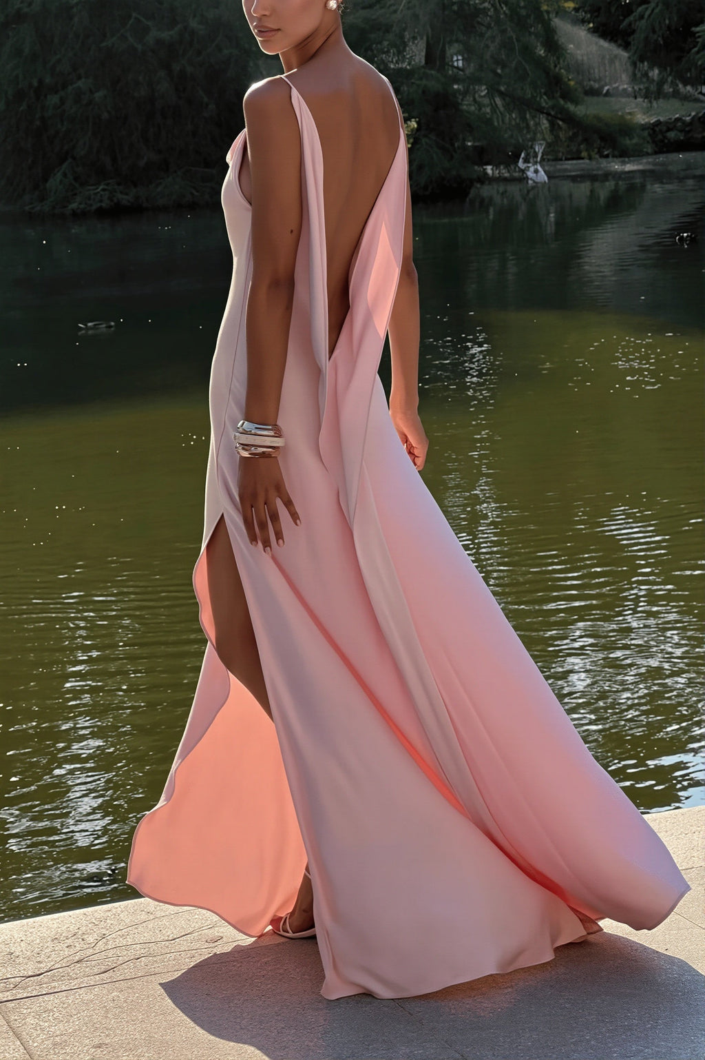 Woman wearing Satin Cami Split-Hem Mermaid Maxi from Hicosy — view 2