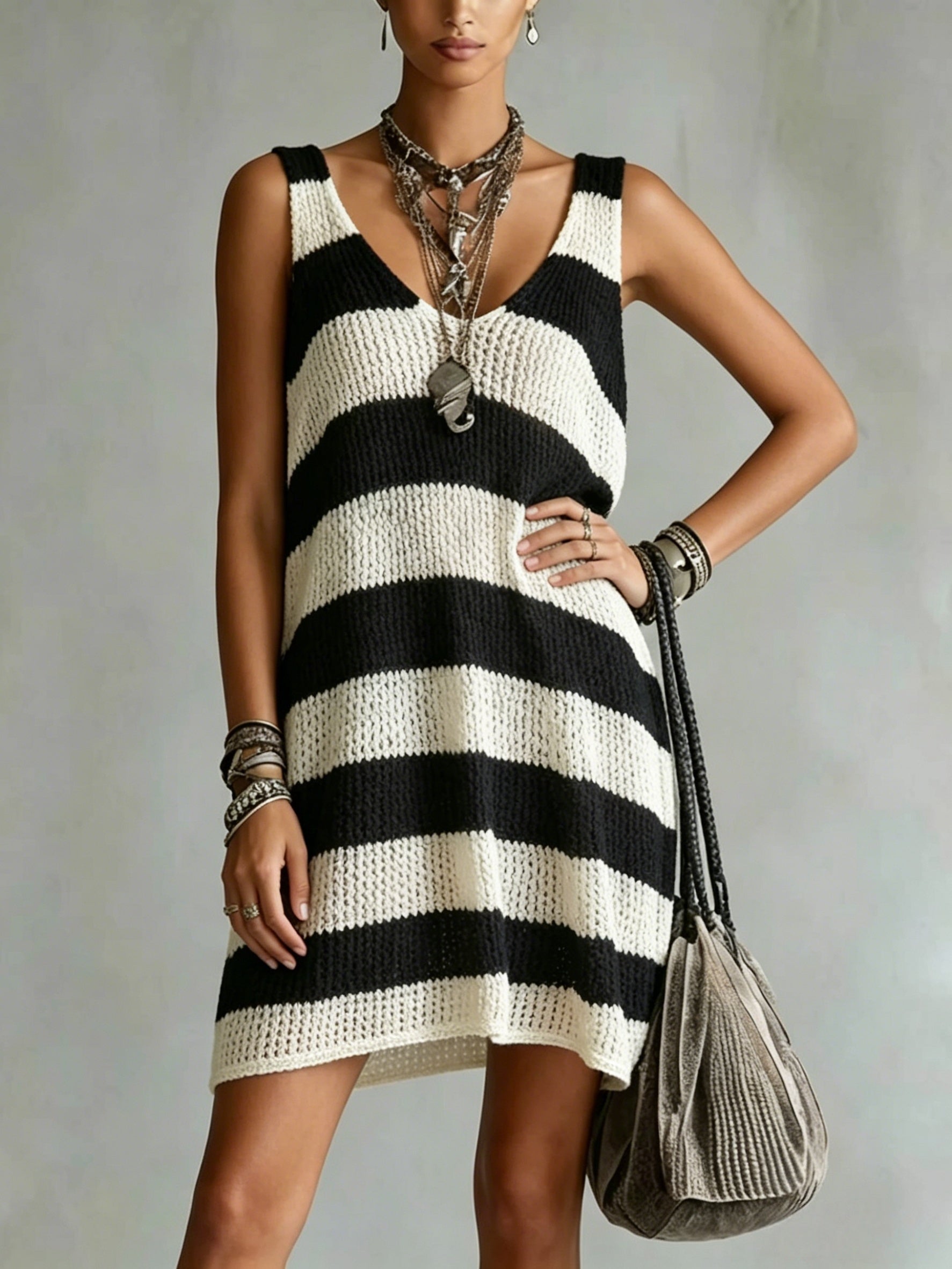 Striped V Neck Knit Casual Mini Dress for Vacation