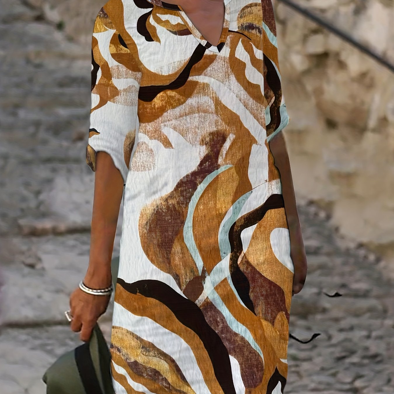 Women's Spring/Autumn Casual Straight-Leg V-Neck Printed Dress