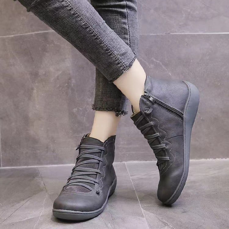 Lace Up Leather Zip Flat Casual Ankle Boot
