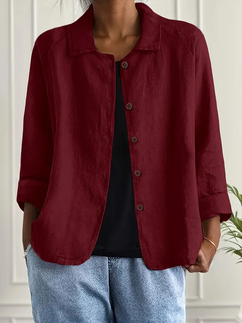 Textured Button Front Collared 3/4 Sleeve Linen Blazer