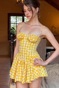 Plaid Bandeau Flared Waist Mini Dress