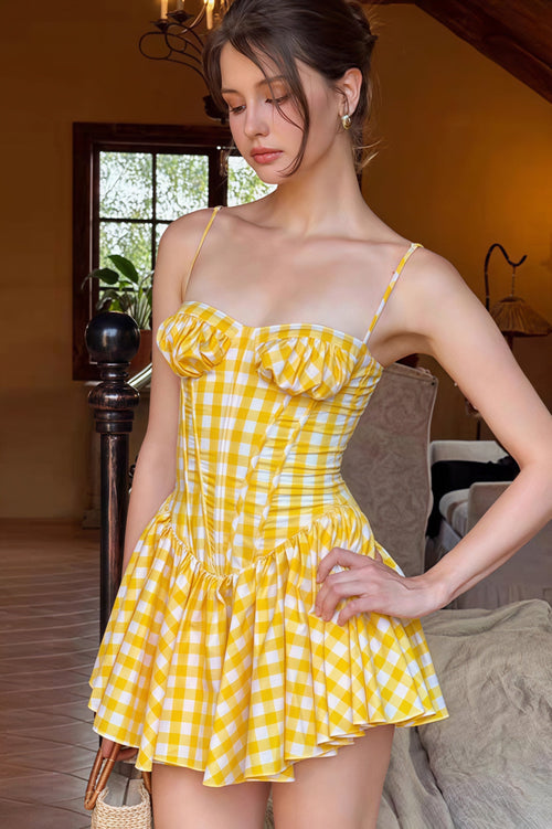 Plaid Bandeau Flared Waist Mini Dress