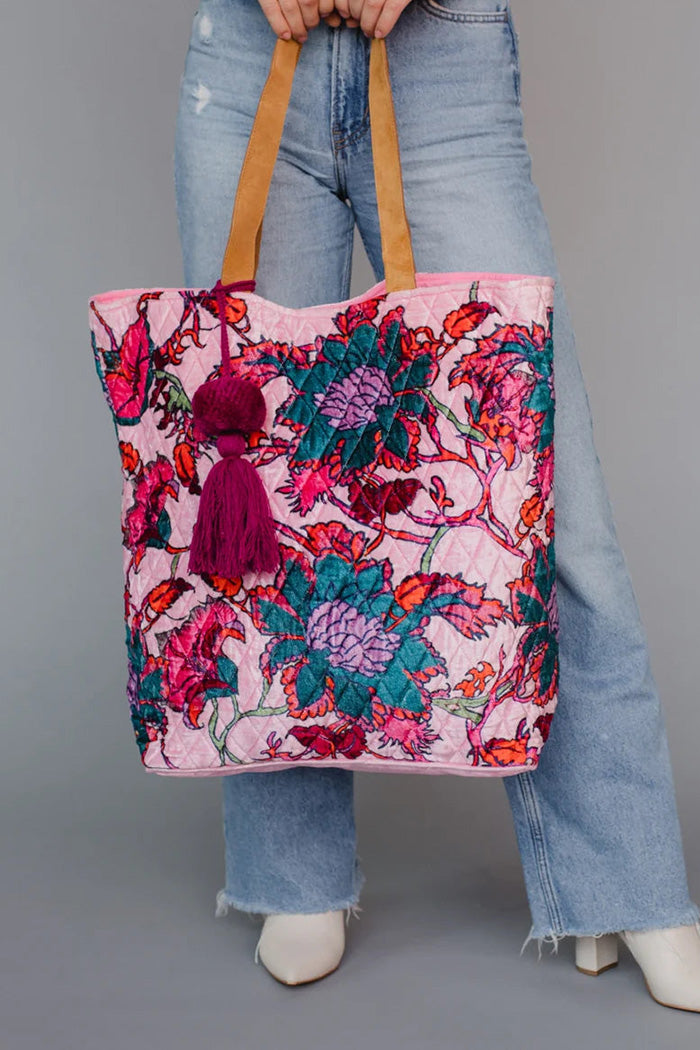 Quilted Floral Tassel Tote