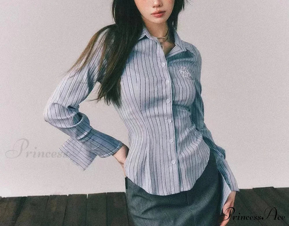 Decorated Banded Trim Narrow Collar Shirt