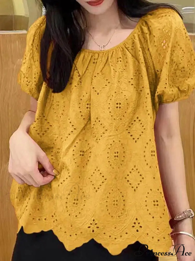 Decorated Puff Sleeve Informal Lace Patchwork Top