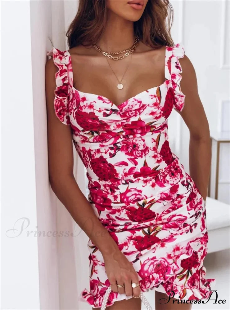 Deep-neck Sleeveless Frill Botanical Printed Bodycon Botanical Dress