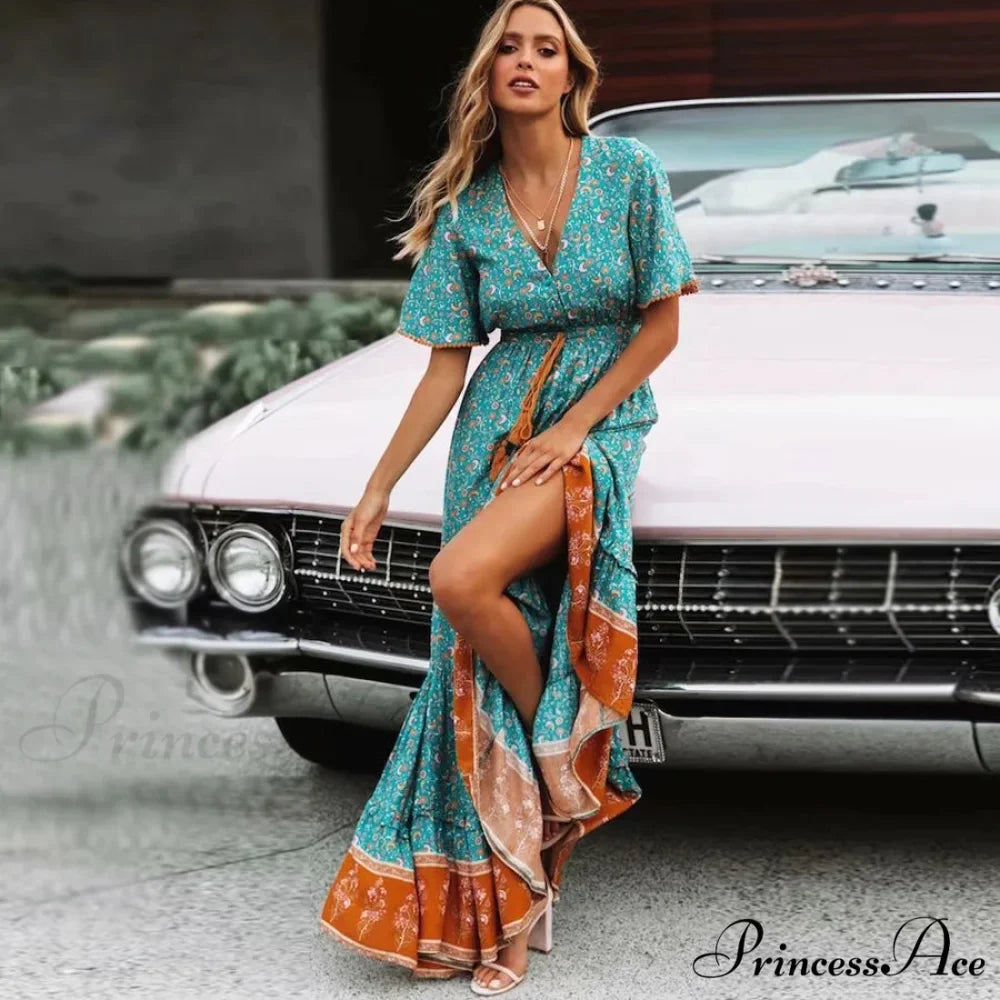 Deep Plunge Floral Bohemian Summer Dress