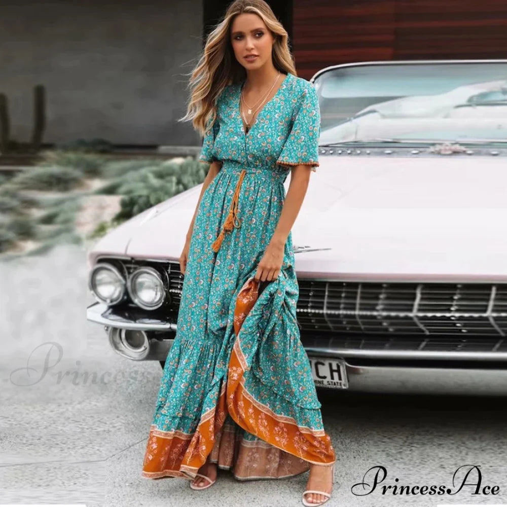 Deep Plunge Floral Bohemian Summer Dress