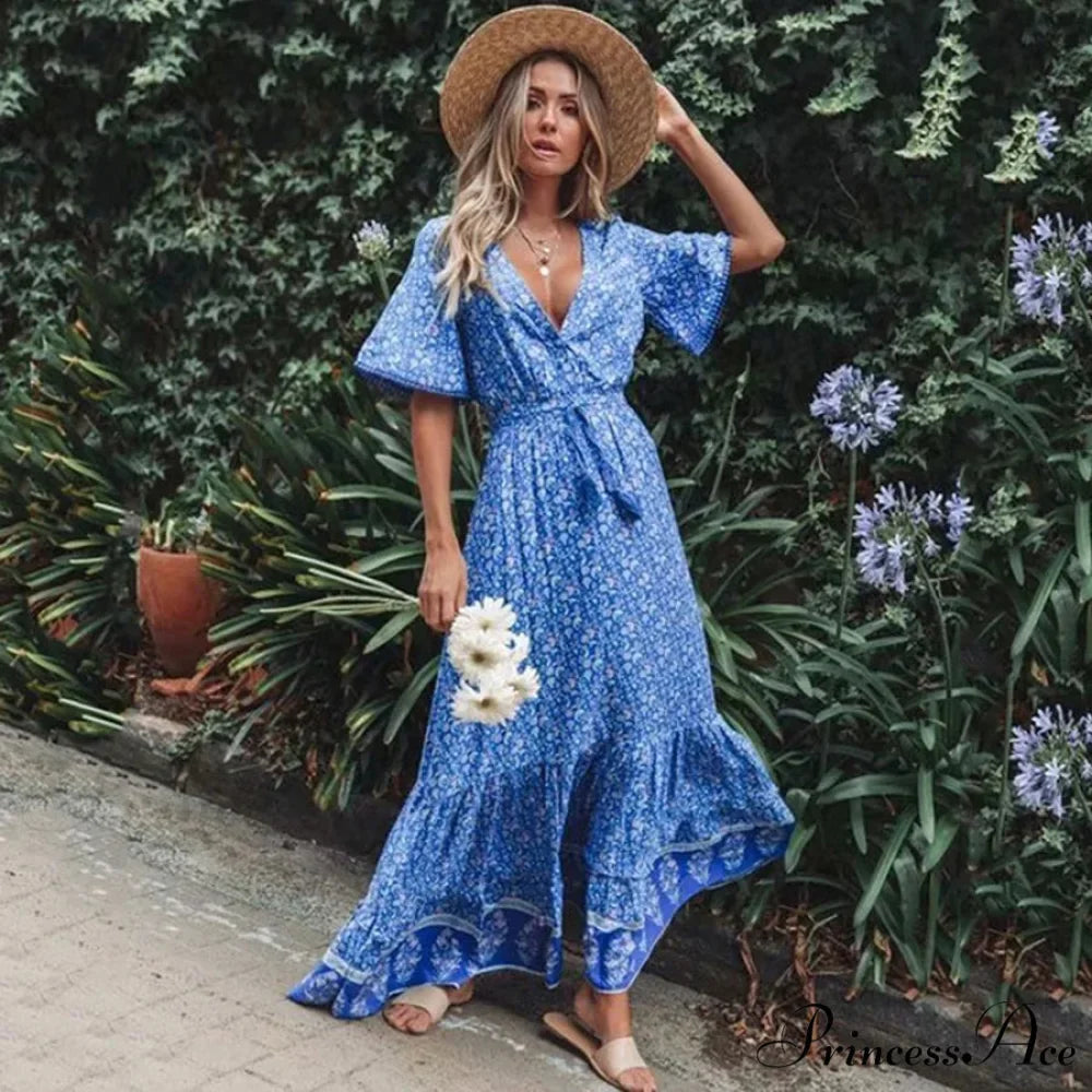 Deep Plunge Floral Bohemian Summer Dress