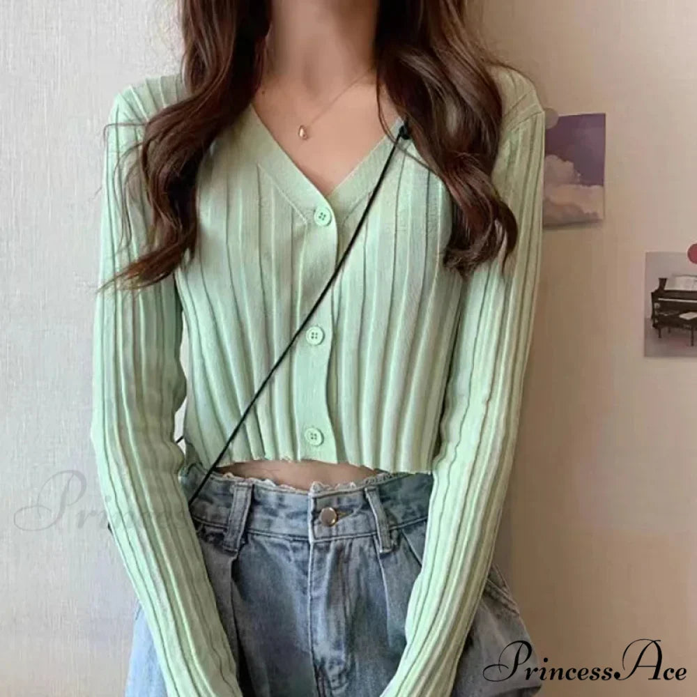 Deep V-Neck Button-Up Trimmed Cropped Ribbed Knit Cardigan