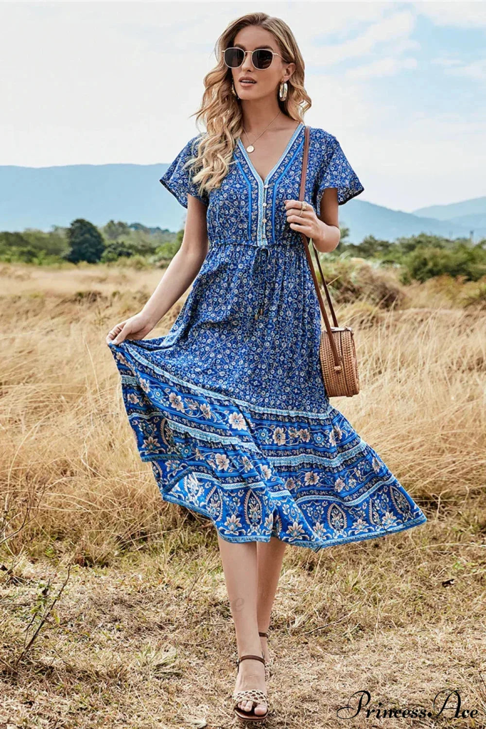 Deep V-neck Floral Button Pleated Maxi Boho Dress