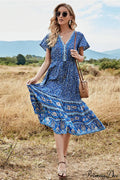 Deep V-neck Floral Button Pleated Maxi Boho Dress