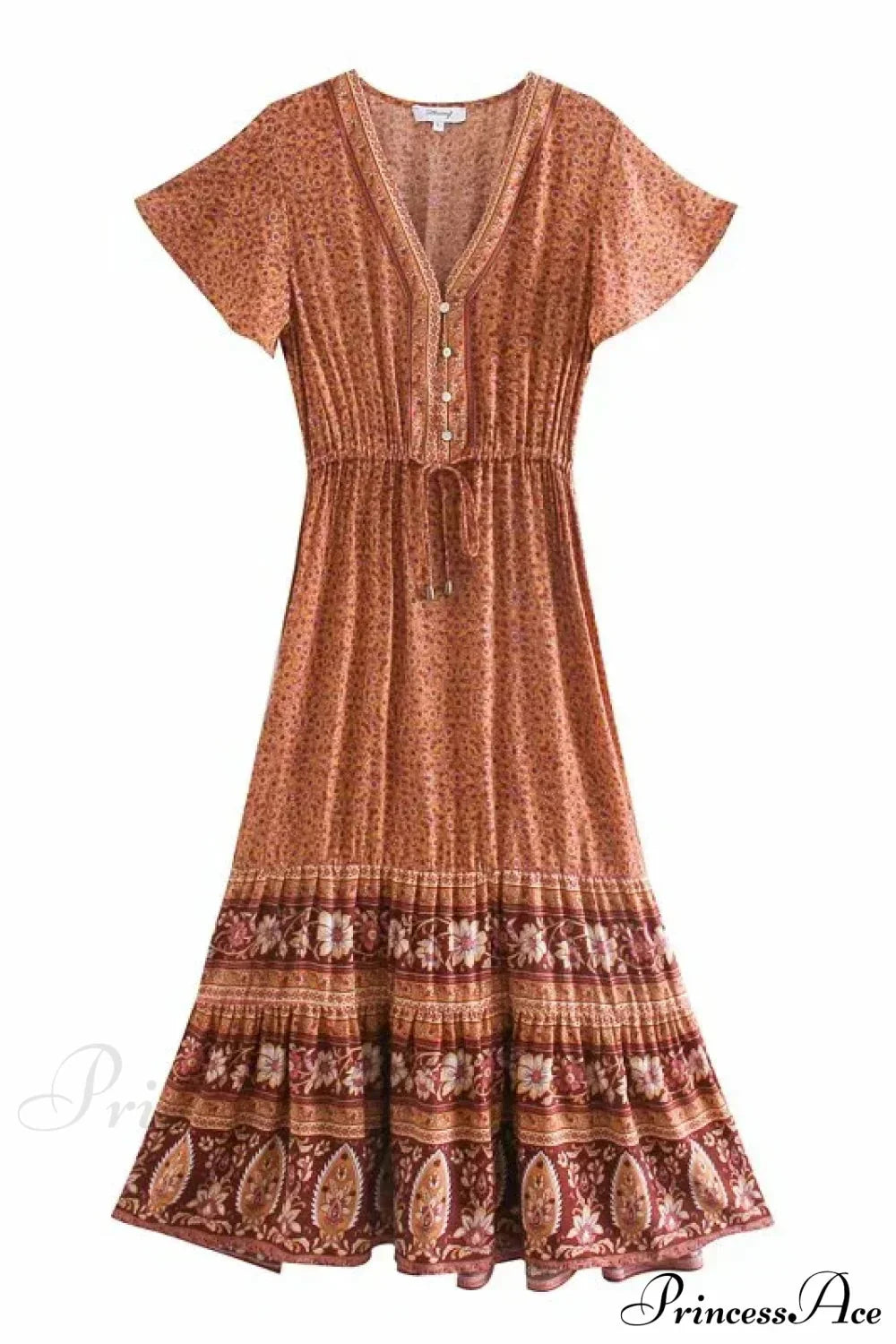 Deep V-neck Floral Button Pleated Maxi Boho Dress